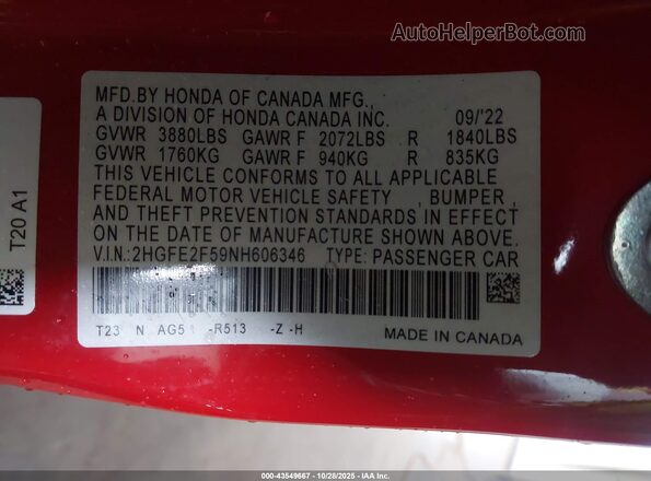 2HGFE2F59NH606346 2022 HONDA CIVIC Red Engine compartment view