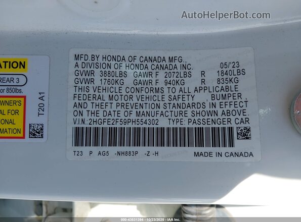 2HGFE2F59PH554302 2023 HONDA CIVIC White ძრავის განყოფილების ხედი