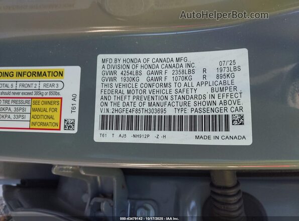 2HGFE4F85TH303695 2026 HONDA CIVIC Gray ძრავის განყოფილების ხედი