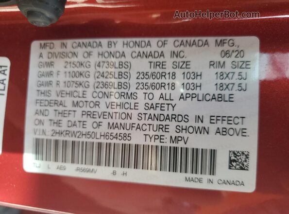 2HKRW2H50LH654585 2020 HONDA CR-V Red Панорамний вид салону 360°