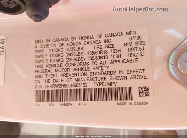 2HKRW2H80LH665192 2020 HONDA CR-V Белый Вид подкапотного пространства