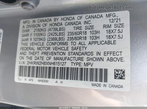 2HKRW2H8XNH615127 2022 HONDA CR-V Silver Вид підкапотного простору