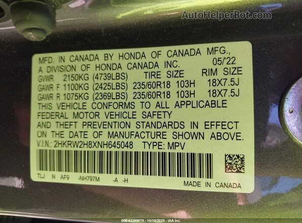 2HKRW2H8XNH645048 2022 HONDA CR-V Gray 