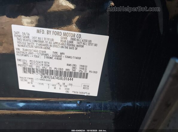 2LMHJ5AT4GBL01644 2016 LINCOLN MKT Black Вид підкапотного простору