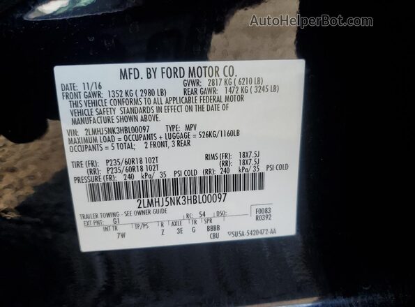 2LMHJ5NK3HBL00097 2017 LINCOLN MKT Black Vista de la etiqueta del VIN