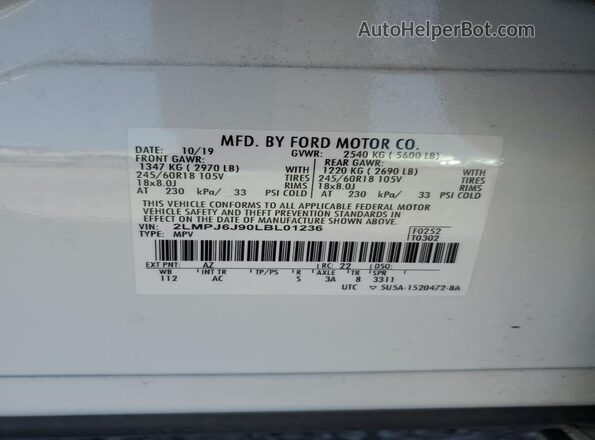 2LMPJ6J90LBL01236 2020 LINCOLN NAUTILUS White VIN կոդի պիտակի տեսք