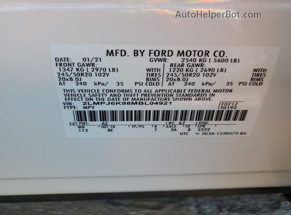 2LMPJ6K98MBL04921 2021 LINCOLN NAUTILUS White 