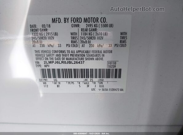 2LMPJ6LR0JBL26437 2018 LINCOLN MKX White Vista del compartimento del motor