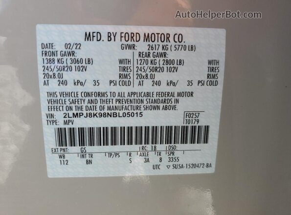 2LMPJ8K98NBL05015 2022 LINCOLN NAUTILUS Gray Սալոնի 360 աստիճան տեսք