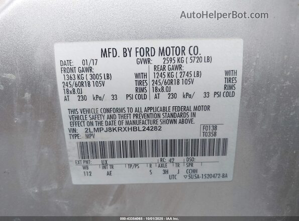 2LMPJ8KRXHBL24282 2017 LINCOLN MKX Silver Engine compartment view