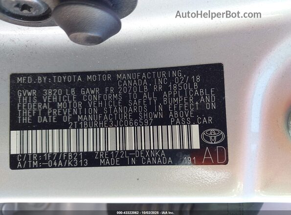 2T1BURHE3JC066597 2018 TOYOTA LL Silver 