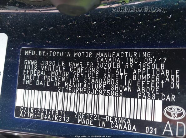 2T1BURHE6JC975868 2018 TOYOTA LL Blue Widok komory silnika