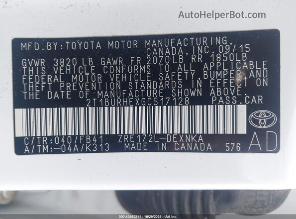 2T1BURHEXGC517128 2016 TOYOTA LL White Engine compartment view