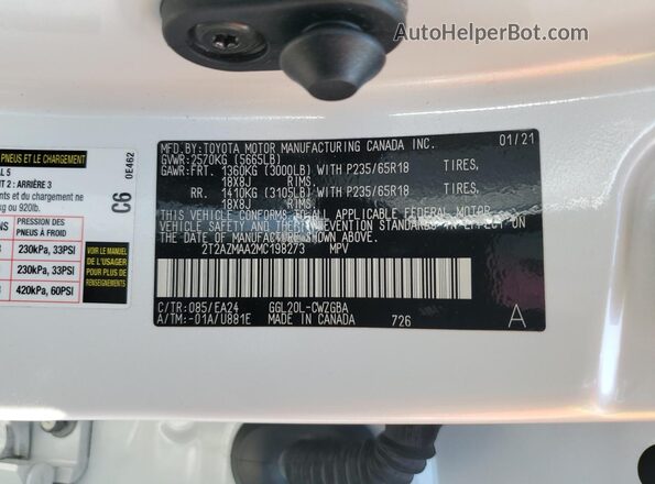 2T2AZMAA2MC198273 2021 LEXUS RX White VIN კოდის სტიკერის ხედი