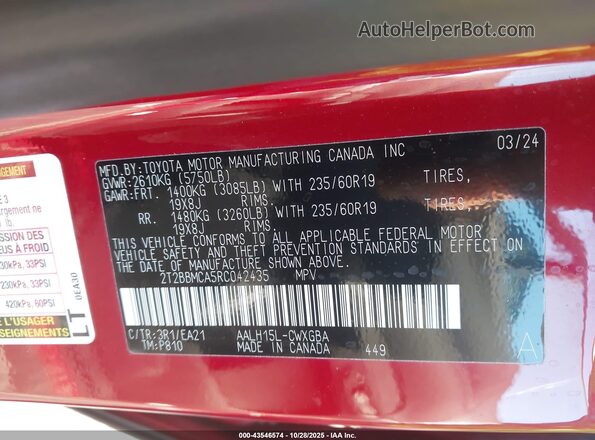 2T2BBMCA5RC042435 2024 LEXUS RX 350H Red 