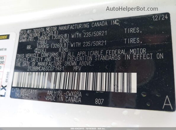 2T2BBMCA6SC071481 2025 LEXUS RX 350H White Вид підкапотного простору