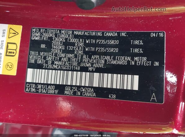 2T2BZMCA1GC031148 2016 LEXUS RX 350 Red Widok komory silnika