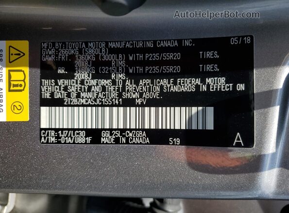 2T2BZMCA5JC155141 2018 LEXUS RX Серебряный 