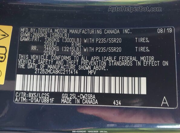 2T2BZMCA8KC211414 2019 LEXUS RX 350 Dark Blue Вид підкапотного простору