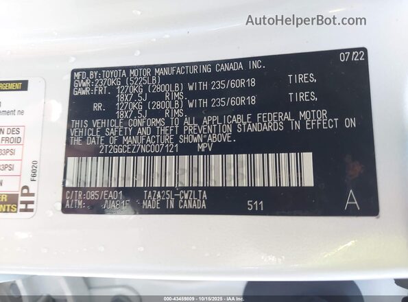2T2GGCEZ7NC007121 2022 LEXUS NX 350 White Շարժիչի բաժամունքի տեսք