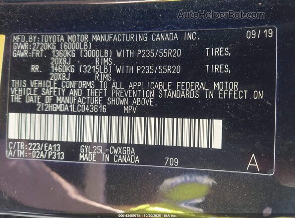 2T2HGMDA1LC043616 2020 LEXUS RX 450H Черный Вид подкапотного пространства