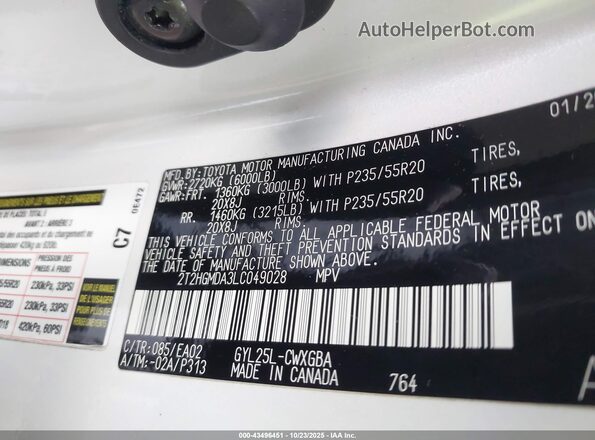 2T2HGMDA3LC049028 2020 LEXUS RX 450H Белый Вид подкапотного пространства