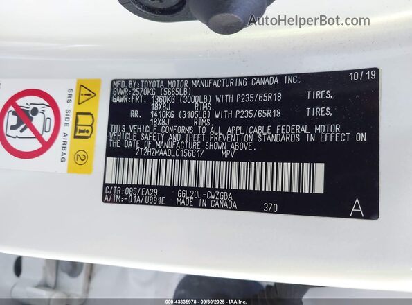 2T2HZMAA0LC156617 2020 LEXUS RX 350 White Вид підкапотного простору
