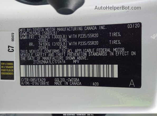 2T2HZMAA1LC170414 2020 LEXUS RX 350 White Vista del compartimento del motor