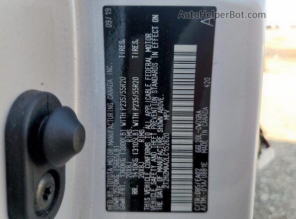 2T2HZMAA2LC152620 2020 LEXUS RX White VIN კოდის სტიკერის ხედი