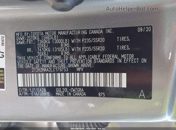 2T2HZMAA2LC179753 2020 LEXUS RX 350 Серый Вид подкапотного пространства