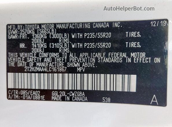 2T2HZMAA4LC161867 2020 LEXUS RX White Vista interior de 360 grados