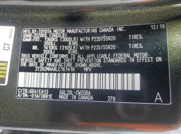 2T2HZMAA8LC161418 2020 LEXUS RX Green Widok wnętrza 360 stopni