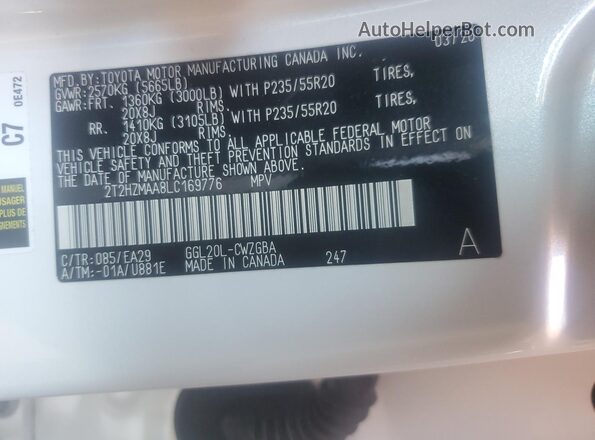2T2HZMAA8LC169776 2020 LEXUS RX White Vista interior de 360 grados