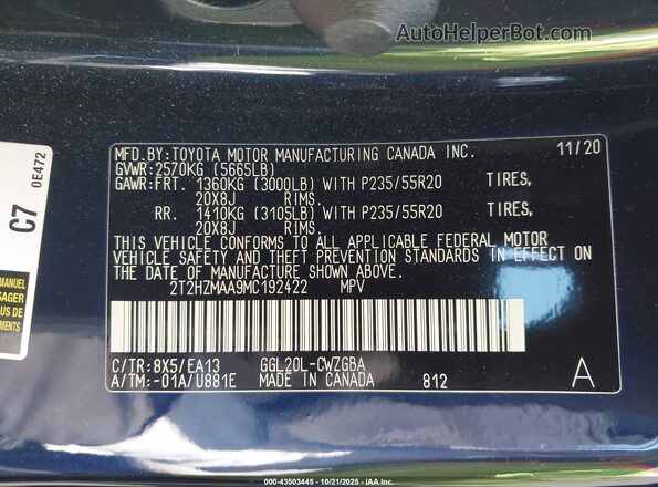 2T2HZMAA9MC192422 2021 LEXUS RX 350 Dark Blue ძრავის განყოფილების ხედი