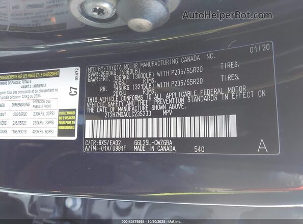 2T2HZMDA0LC235233 2020 LEXUS RX 350 Dark Blue Вид подкапотного пространства