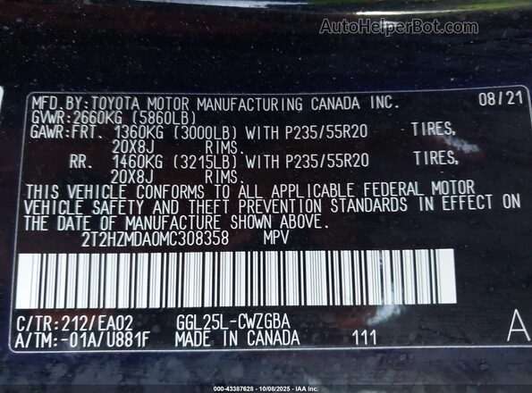 2T2HZMDA0MC308358 2021 LEXUS RX 350 Black Widok komory silnika
