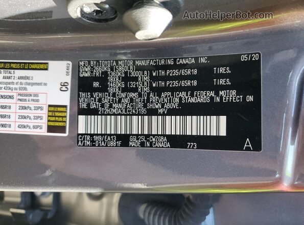 2T2HZMDA3LC243195 2020 LEXUS RX Gray Vista de la etiqueta del VIN