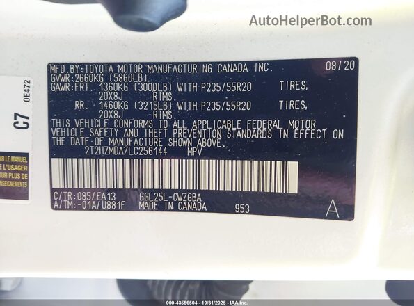 2T2HZMDA7LC256144 2020 LEXUS RX 350 White Вид підкапотного простору