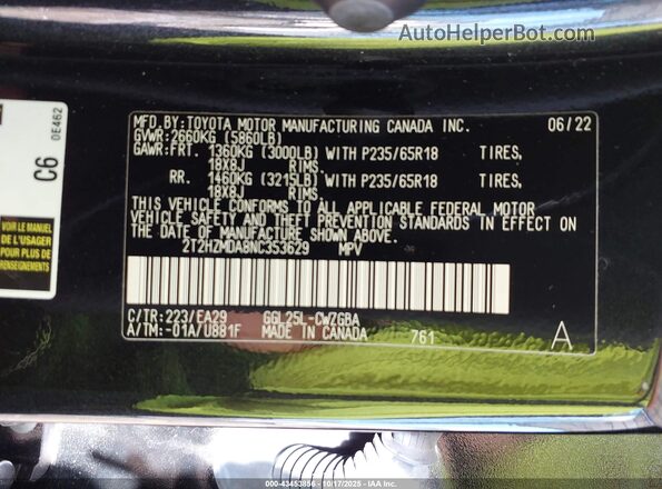 2T2HZMDA8NC353629 2022 LEXUS RX 350 Black VIN კოდის სტიკერის ხედი