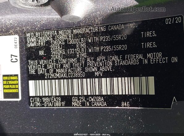 2T2HZMDAXLC238950 2020 LEXUS RX 350 Серый Вид подкапотного пространства