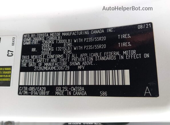 2T2HZMDAXMC306729 2021 LEXUS RX 350 White Вид підкапотного простору