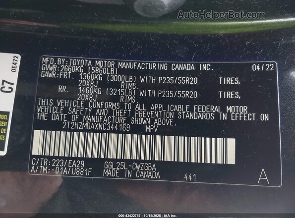 2T2HZMDAXNC344169 2022 LEXUS RX 350 Black Շարժիչի բաժամունքի տեսք
