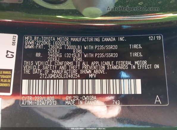 2T2JGMDA5LC048254 2020 LEXUS RX 450H Черный Вид подкапотного пространства