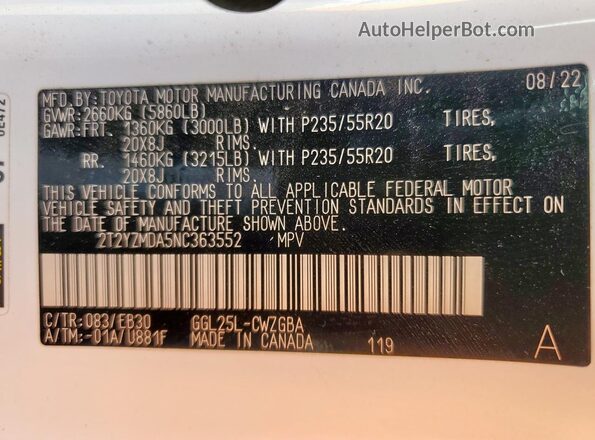 2T2YZMDA5NC363552 2022 LEXUS RX White Вид наклейки з VIN-кодом