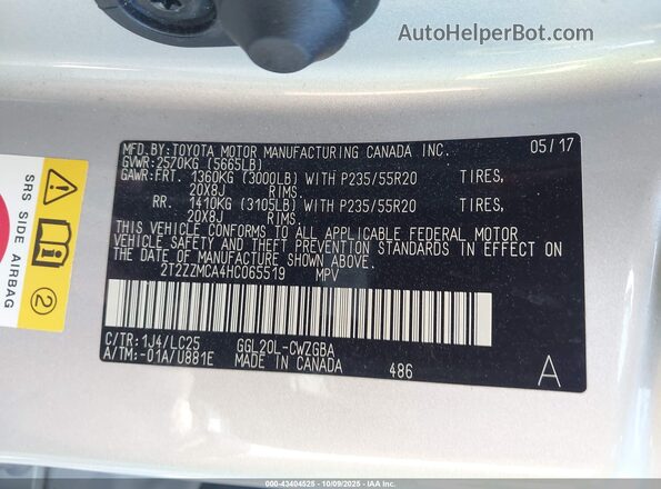 2T2ZZMCA4HC065519 2017 LEXUS RX 350 Silver Vista del compartimento del motor