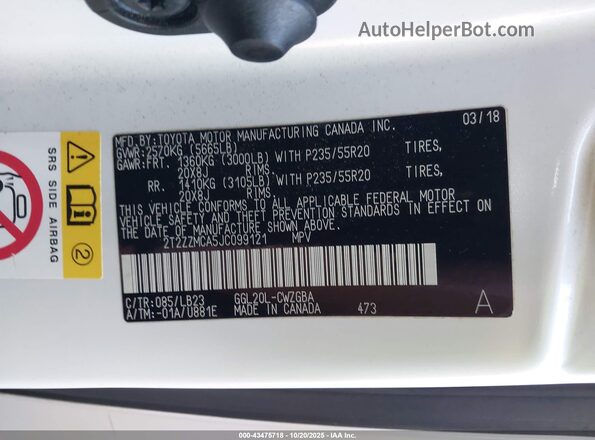 2T2ZZMCA5JC099121 2018 LEXUS RX 350 White Вид підкапотного простору