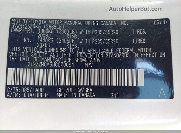 2T2ZZMCA6HC070091 2017 LEXUS RX 350 Белый 