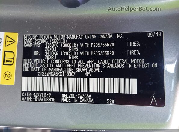 2T2ZZMCA6KC118907 2019 LEXUS RX 350 Gray Շարժիչի բաժամունքի տեսք