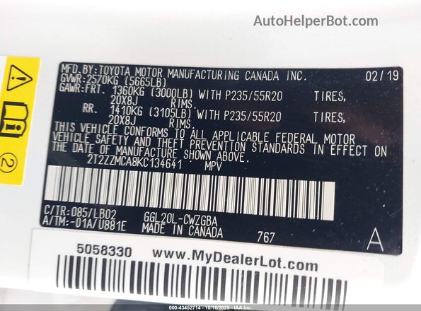2T2ZZMCA8KC134641 2019 LEXUS RX 350 White Engine compartment view