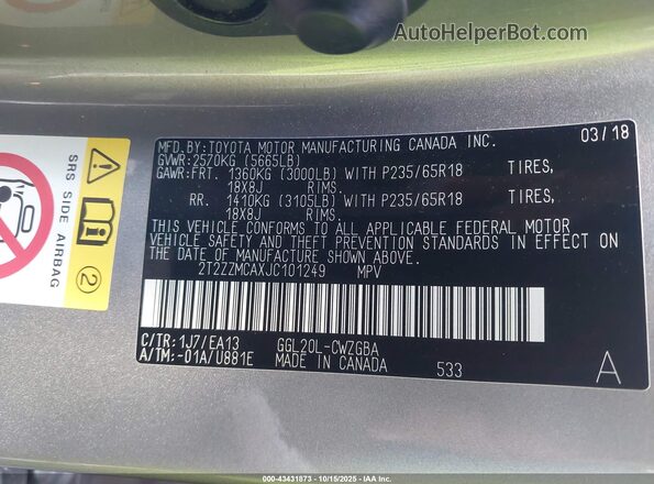 2T2ZZMCAXJC101249 2018 LEXUS RX 350 Champagne Вид підкапотного простору
